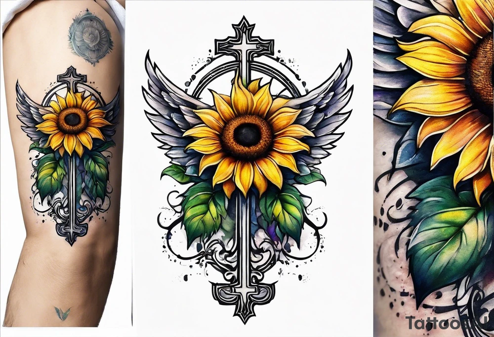 Winged cross with sunflower arm sleeve tattoo idea