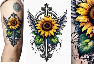 Winged cross with sunflower arm sleeve tattoo idea