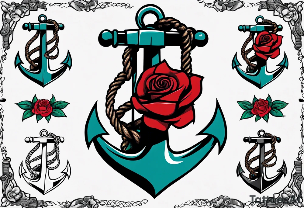 old school anchor with rope wrapped around anchor and banner across anchor and old school roses tattoo idea