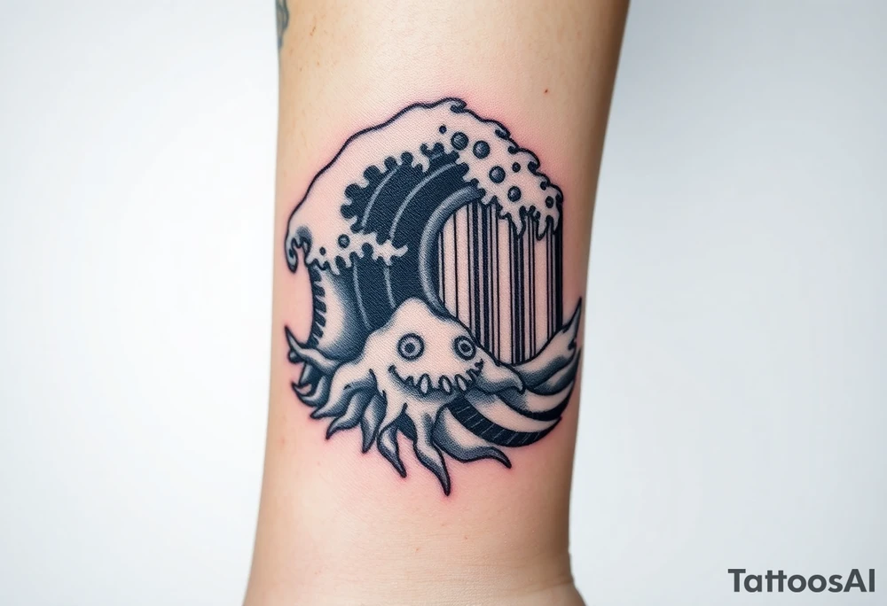 A barcode that seamlessly blends into high ocean waves with other sea life creatures tattoo idea