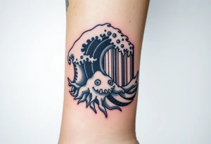 A barcode that seamlessly blends into high ocean waves with other sea life creatures tattoo idea