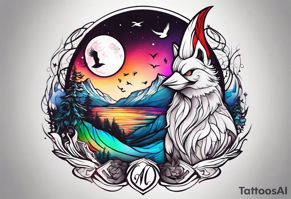 Northern lights with Pennywise and birds tattoo idea