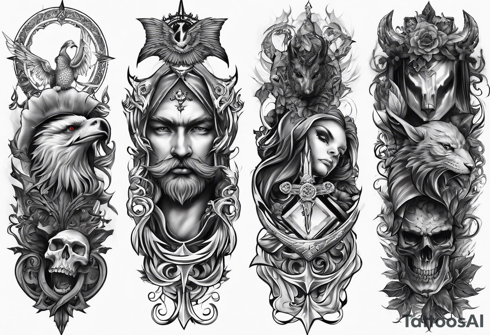 Sleeve tattoo. Good vs evil. Gothic elements, tattoo idea Sleeve tattoo. Good vs evil. Gothic elements, tattoo idea