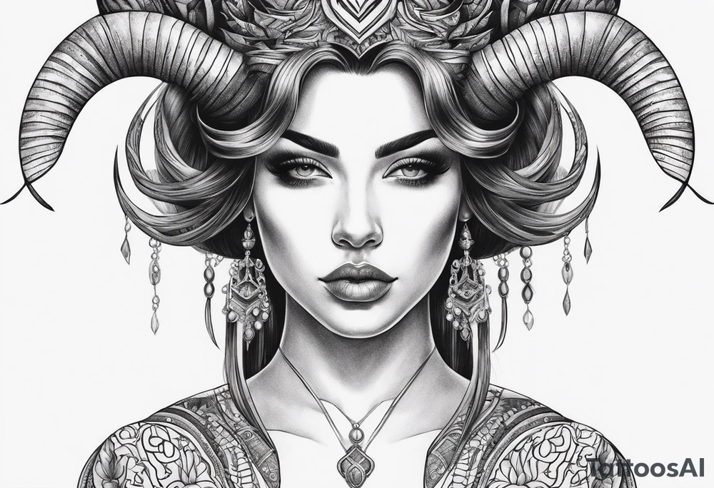 symmetrical woman head with curved horns facing downwards dark realism looking front facing view tattoo idea