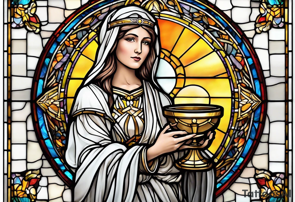 holy saint woman with halo stained glass holding a chalice tattoo idea