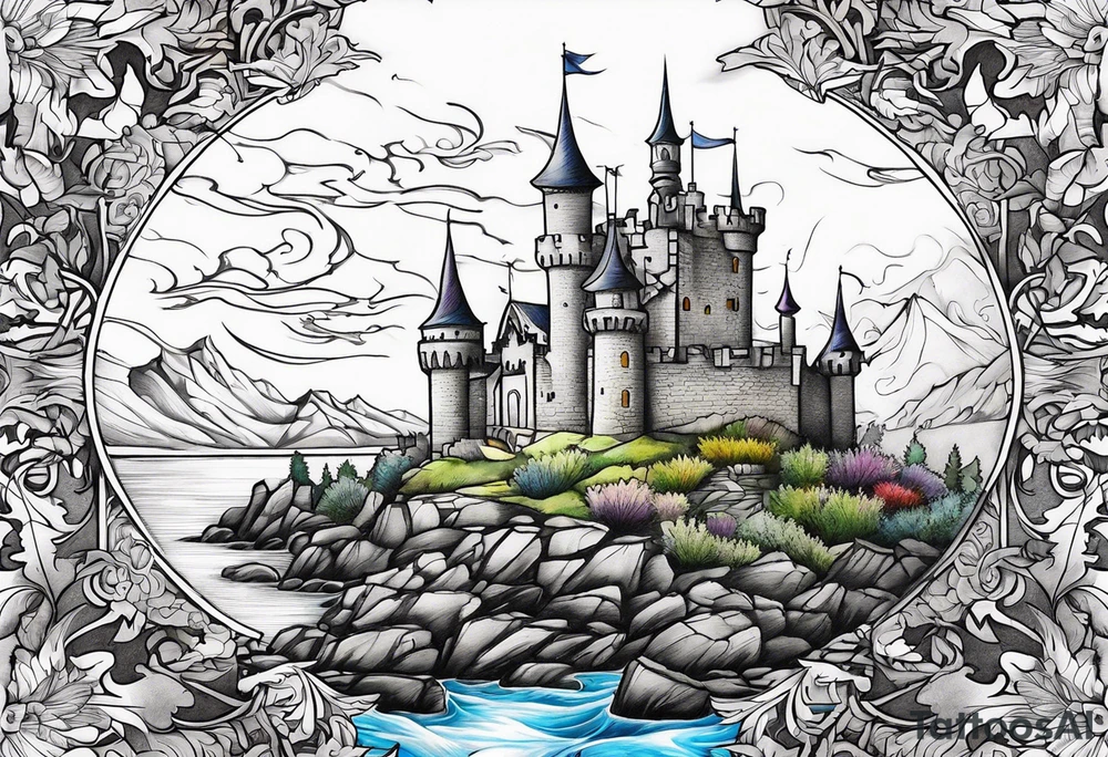 Thistles growing around a castle turret tattoo idea
