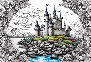 Thistles growing around a castle turret tattoo idea