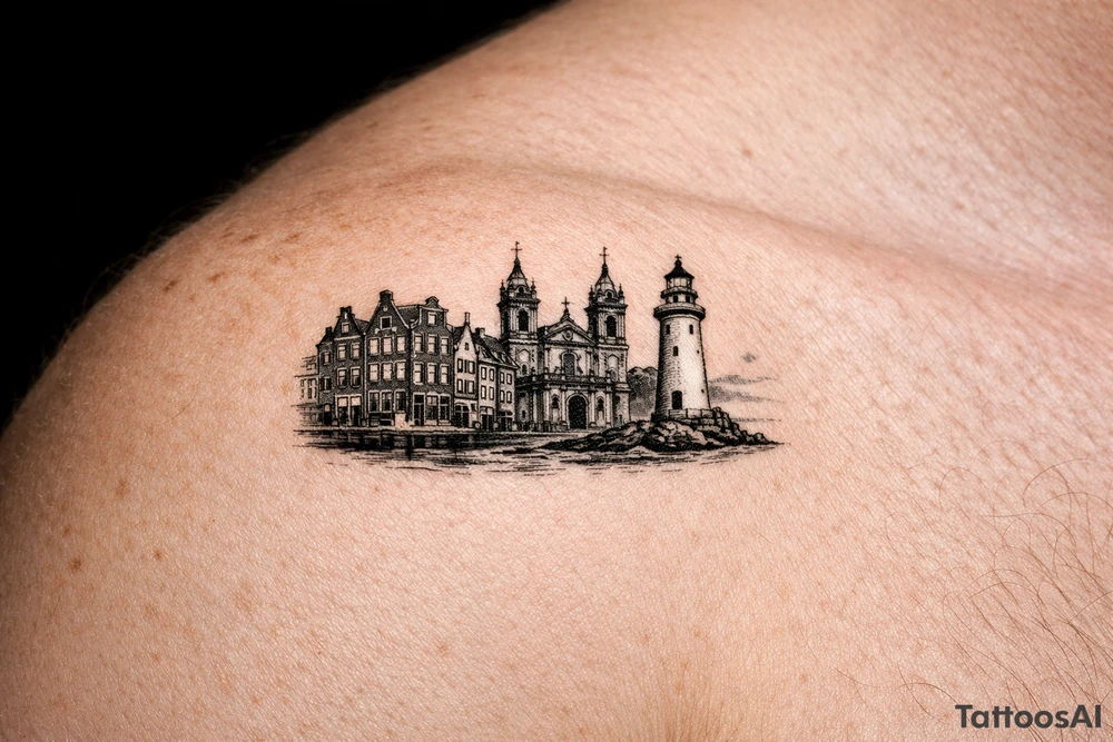 Cityscape silhouette of Amsterdam canal houses and Braga cathedral, with New Brighton lighthouse. tattoo idea