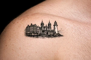 Cityscape silhouette of Amsterdam canal houses and Braga cathedral, with New Brighton lighthouse. tattoo idea