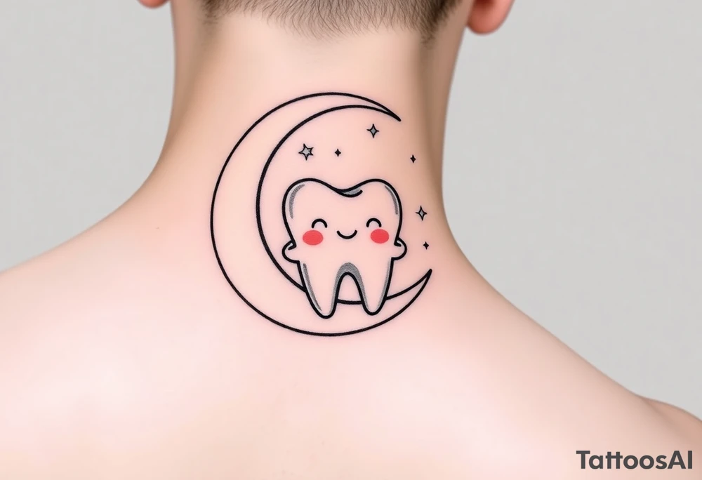 “A cute cartoon-style molar tooth sitting and gently hanging from a crescent moon, surrounded by small sparkling stars. The tooth has a sweet, happy expression (like blushing cheeks and a tiny smile), and the design is minimalistic, clean, and suitable for a small tattoo. Soft pastel colors with smooth shading, delicate outlines, and a dreamy, celestial vibe.” tattoo idea