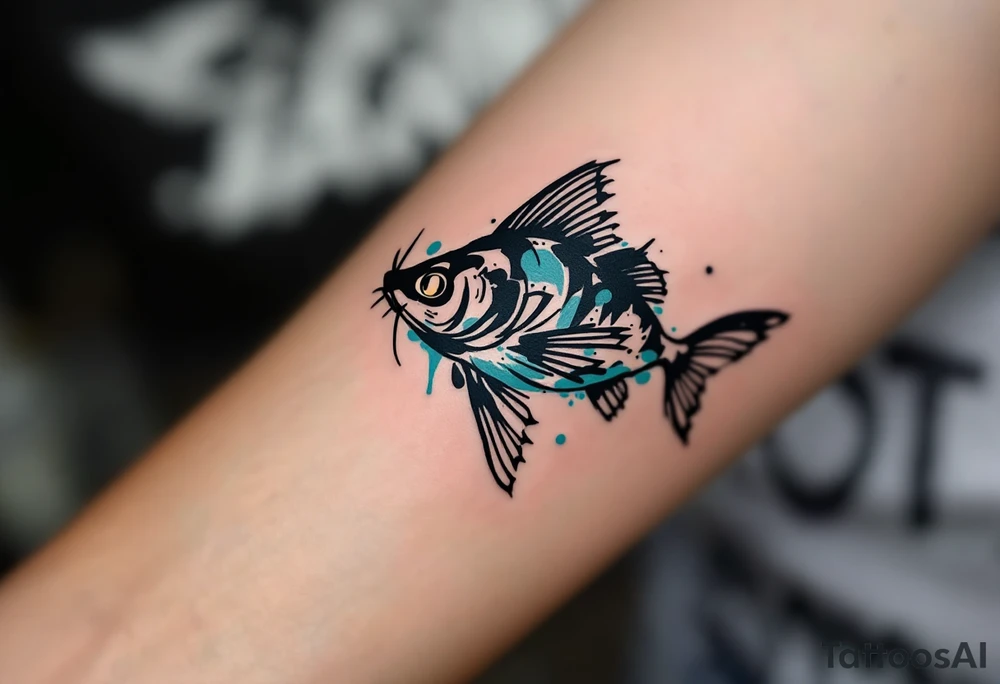 Abstract Catfish Tattoo – A stylized form with brushstroke-style black ink, splashes of turquoise and slate blue, and minimalist whiskers for a modern twist. tattoo idea
