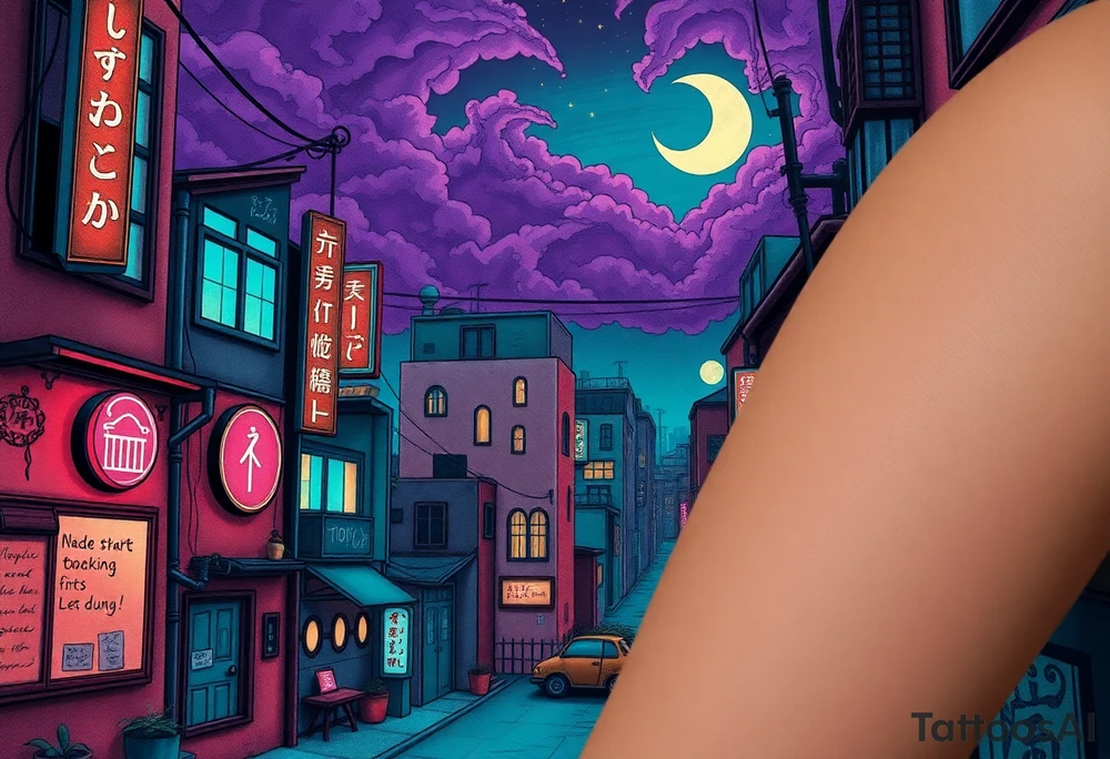 Tim Burton’s haunted pastel Tokyo apartment from the street view is littered in neon signs and dripping with muted reds, dusty pinks, and eerie green glow.purple and cyan smokey clouds swirl in the crescent moonlit sky thats sprinkled with stars tattoo idea tattoo idea