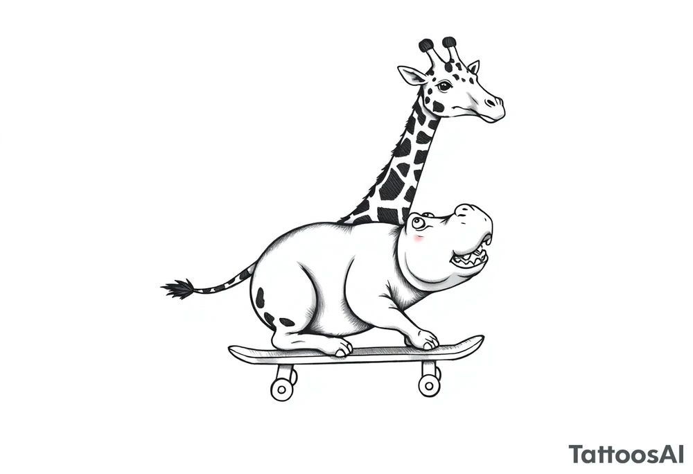 Majestic giraffe riding a skateboard and eating a hippo sandwich tattoo idea