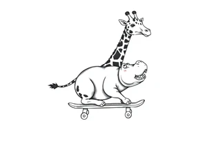 Majestic giraffe riding a skateboard and eating a hippo sandwich tattoo idea