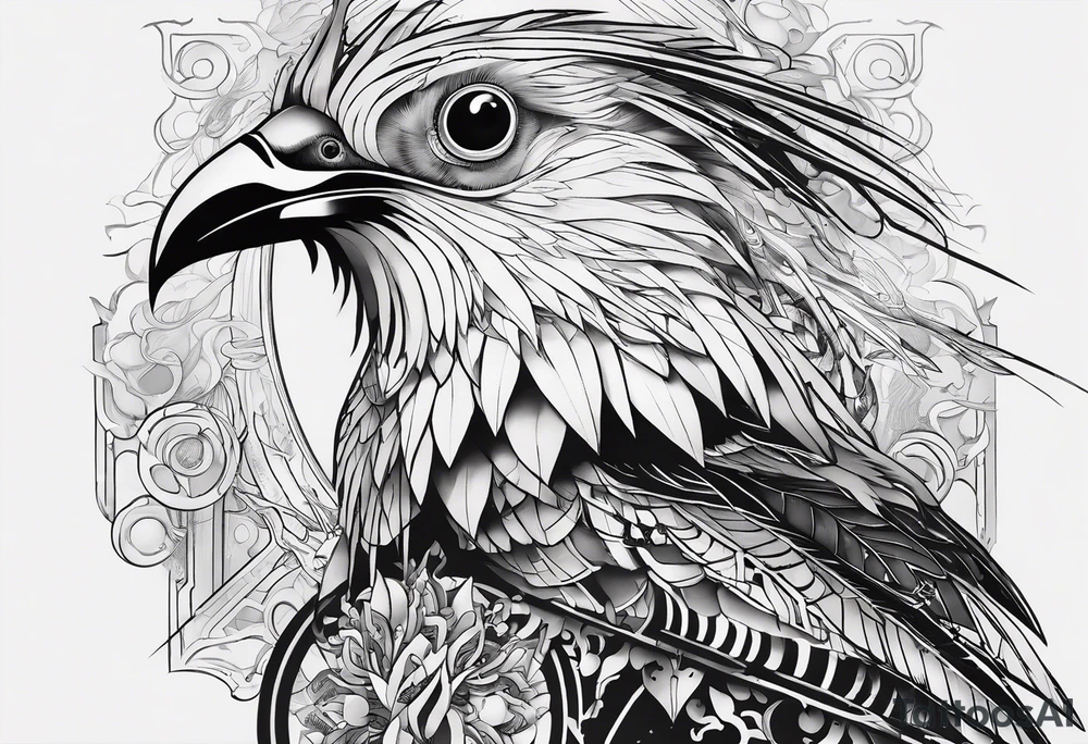 Minimalistic Cyberpunk Quetzal that has cybernetic neurons coming from the bottom. tattoo idea