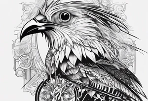 Minimalistic Cyberpunk Quetzal that has cybernetic neurons coming from the bottom. tattoo idea