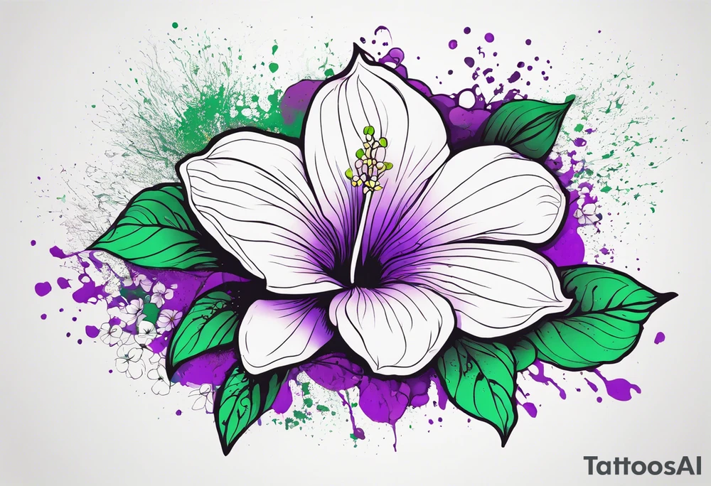 An outline of a rio dipladenia flower with a splatter green and purple background tattoo idea