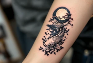 a koi fish swimming upstream in a pond moonlight by the full moon with a sakura tree by the pond surrounded by lighting tattoo idea