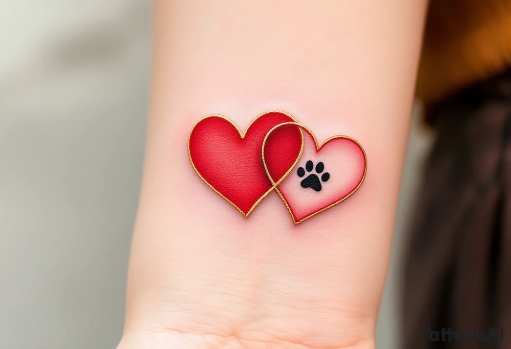 Two intertwined hearts, one in bold red and the other in soft gold. In the center, a small black paw print sits, symbolizing the love and connection shared with pets. The hearts are detailed with fine gold linework for a soft, elegant look. Red (for heart), Gold (for second heart and accents), Black (for paw print). tattoo idea