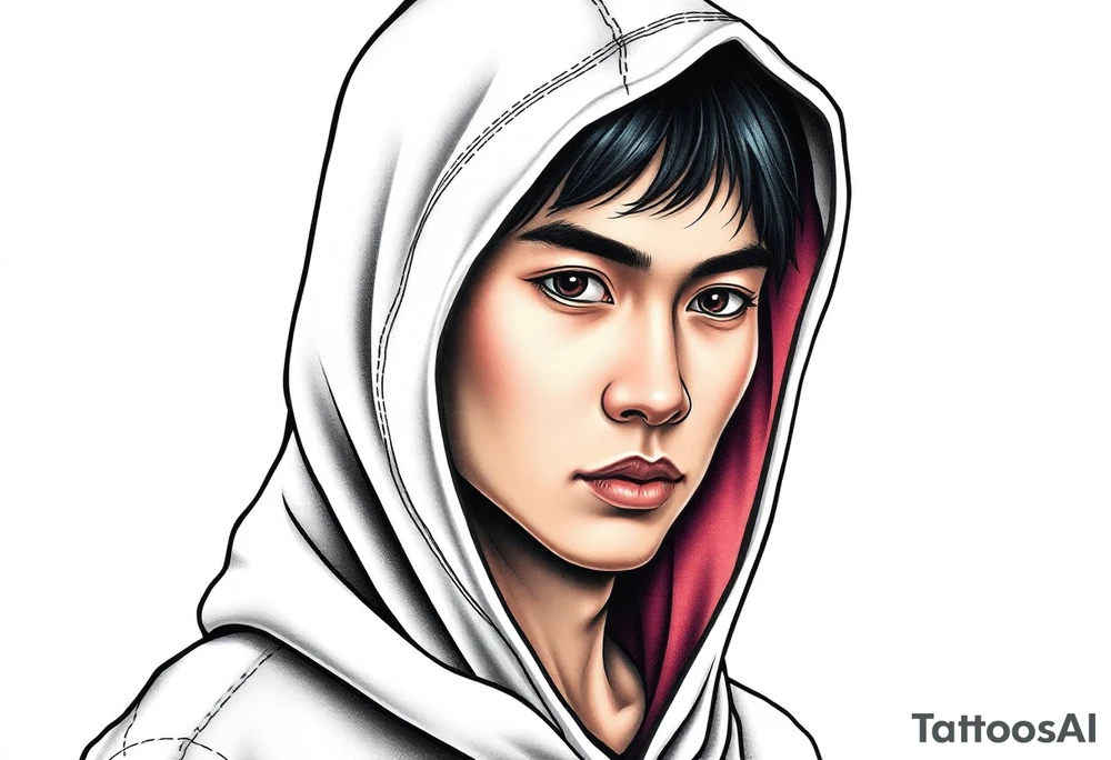 Handsome Asian young guy wearing cloak hood tattoo idea