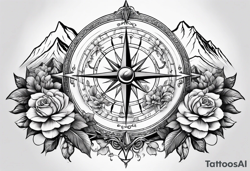 Compass with mountains and moons and flowers like roses or orchids tattoo idea