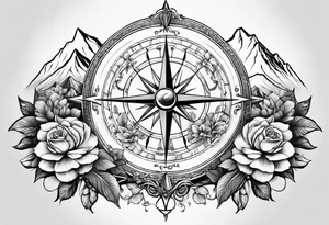 Compass with mountains and moons and flowers like roses or orchids tattoo idea