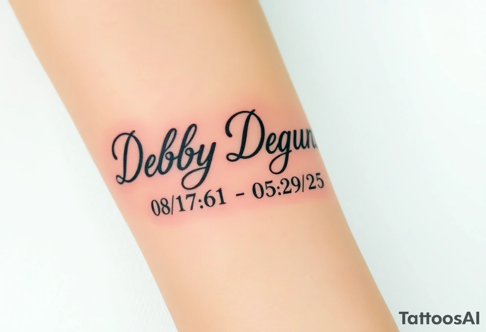 Tattoo of the exact name Debby Deguzman in chunky curly cursive with the exact dates of 08/17/61-05/29/25 surrounded by 1 hummingbird and 1 rose tattoo idea