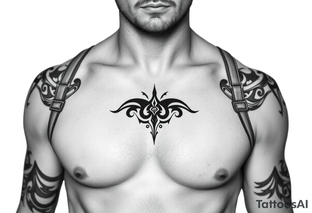 straps around arms and shouldrs with tribal design tattoo idea
