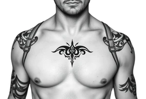 straps around arms and shouldrs with tribal design tattoo idea