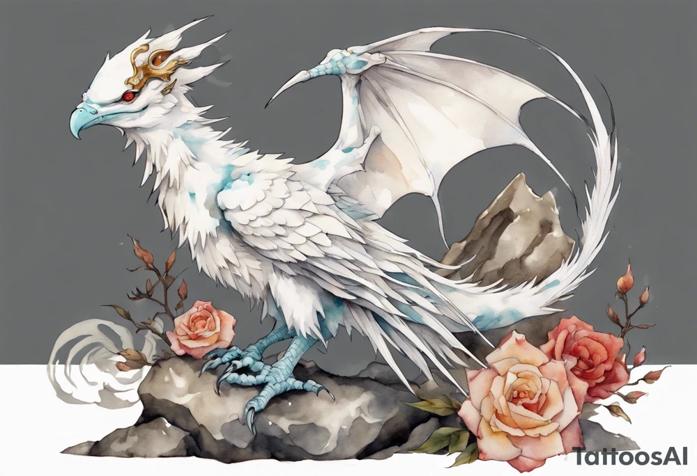 a white bird-wyvern hybrid, wearing a plain iron crown on head, perched on a stone tattoo idea