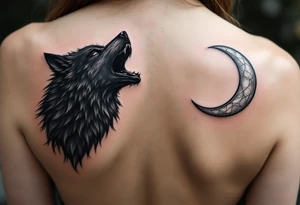 A howling black wolf for his shoulder blade and a silver crescent moon for her shoulder blade on the shoulders echo primal loyalty. tattoo idea