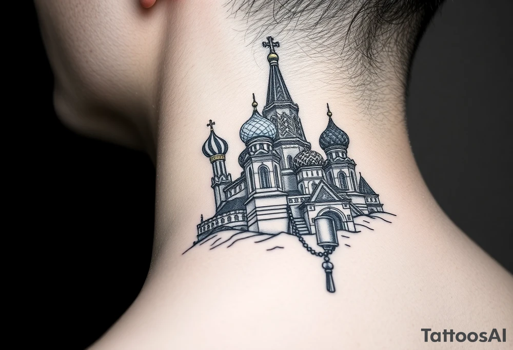 St. Basil's Cathedral scene with a christian orthodox in a ak47 style with a beaded thurible chain tattoo idea