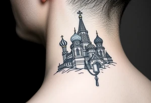 St. Basil's Cathedral scene with a christian orthodox in a ak47 style with a beaded thurible chain tattoo idea