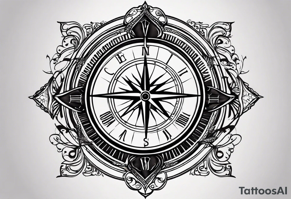 Create a tattoo design for a forearm that complements an existing 'carpe diem' scripted tattoo. The design should incorporate elements that symbolize the journey of life, achievements, and personal growth. Consider including symbols like a compass, the scales of justice, or abstract linework that represents life’s ups and downs. The style should be elegant, with a balance between detailed and minimalistic elements, ensuring it flows naturally with the existing tattoo. tattoo idea