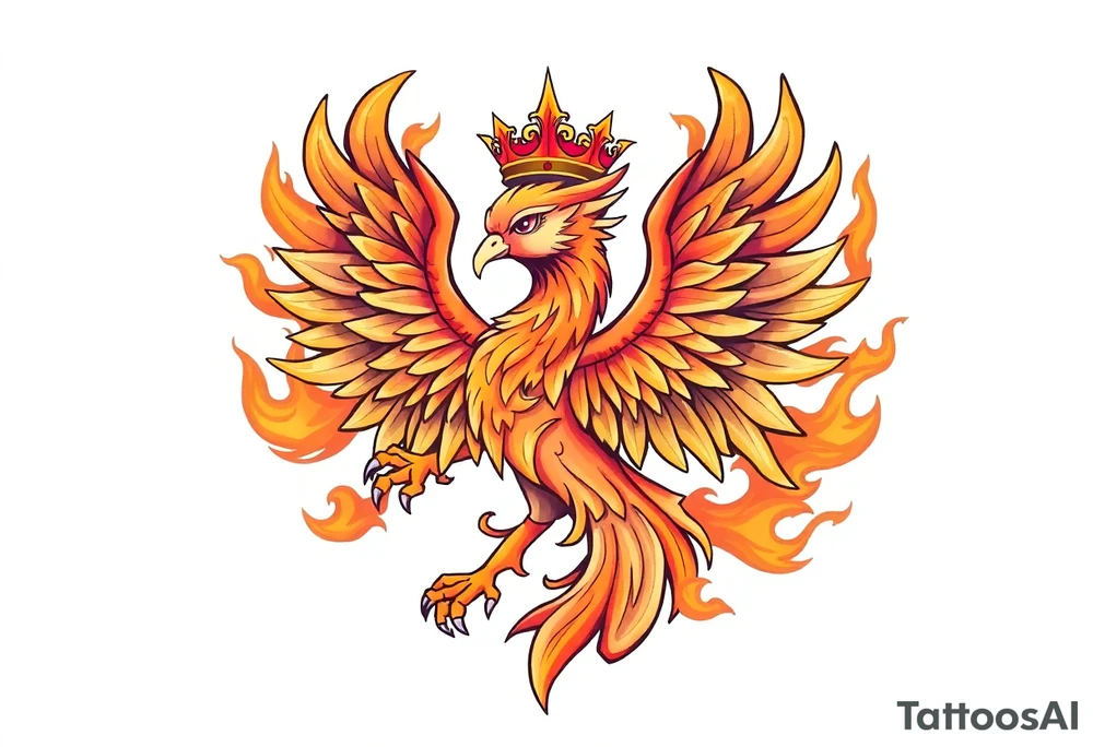 powerful majestic Phoenix with crown, surrounded by flames tattoo idea