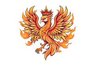 powerful majestic Phoenix with crown, surrounded by flames tattoo idea