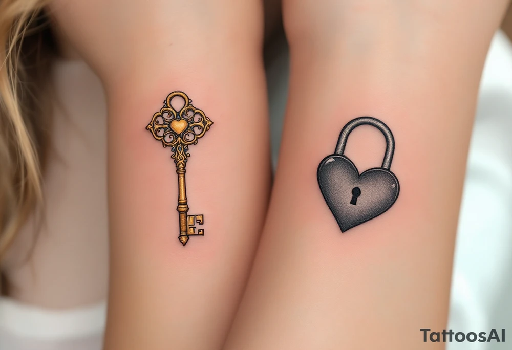 One has a vintage golden key with intricate filigree, and the other a heart-shaped lock in black and gray, matching on wrists or forearms. tattoo idea