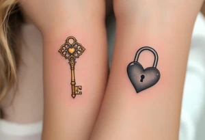 One has a vintage golden key with intricate filigree, and the other a heart-shaped lock in black and gray, matching on wrists or forearms. tattoo idea