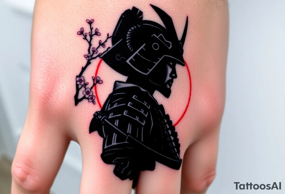 noble samurai warrior silhouette at sunset with cherry blossoms tattoo idea