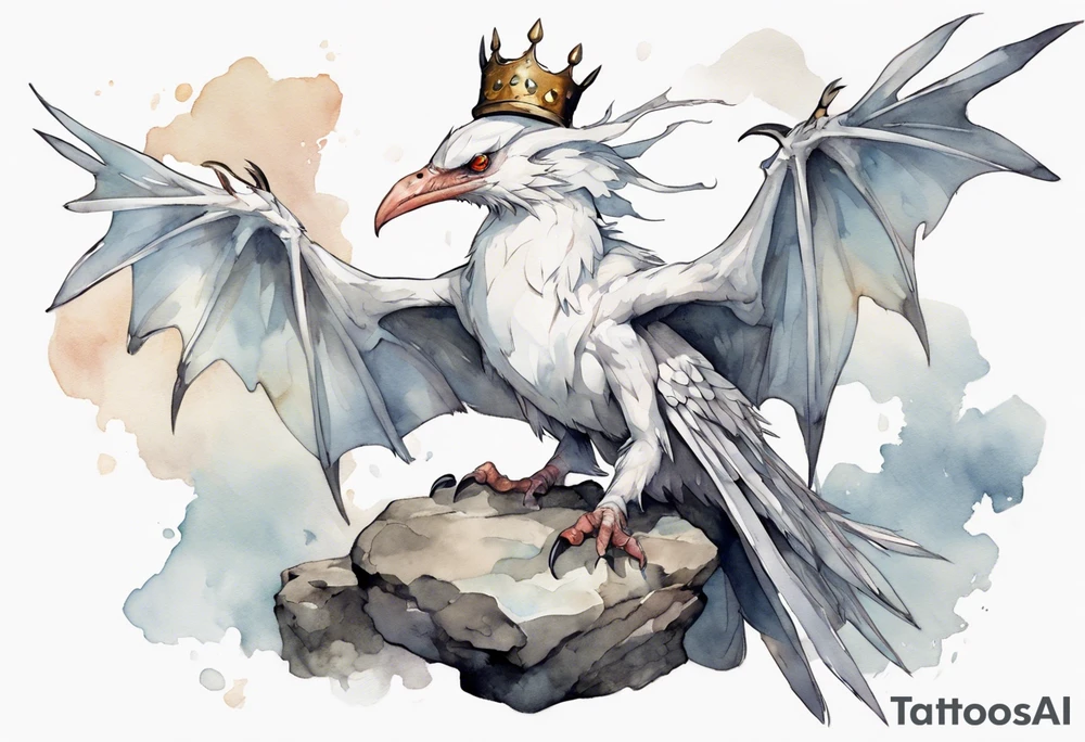 a white bird-wyvern hybrid, wearing a iron crown, perched on a stone tattoo idea