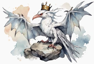 a white bird-wyvern hybrid, wearing a iron crown, perched on a stone tattoo idea