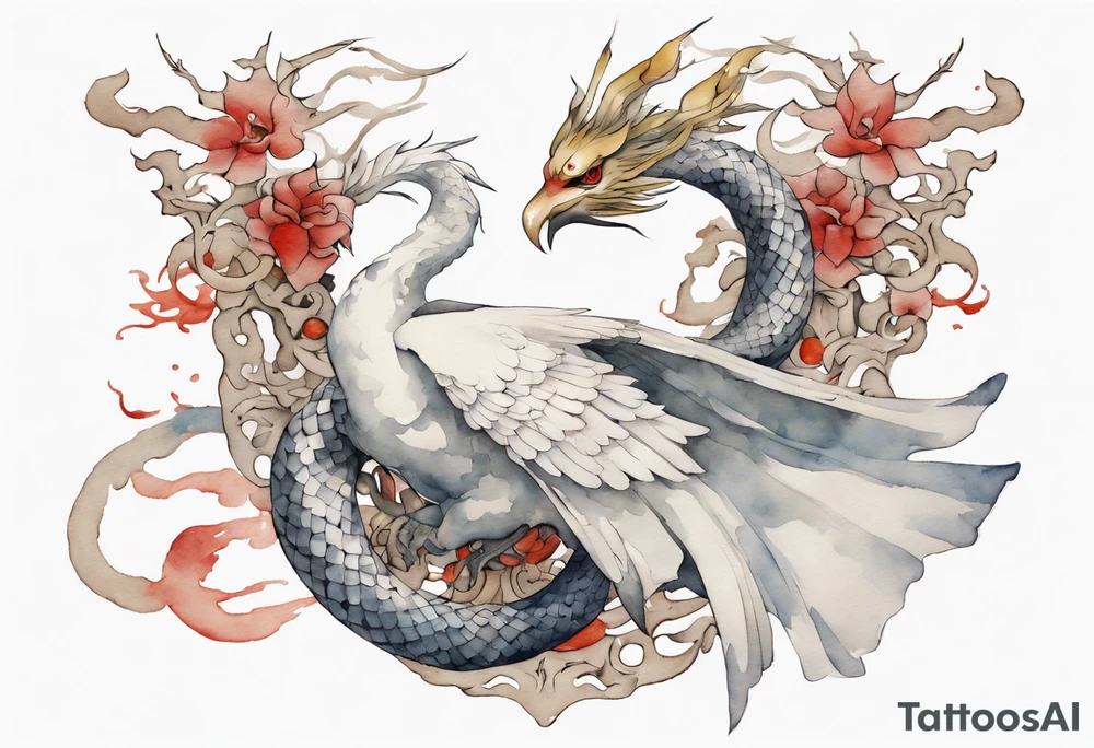 a watercolor of a white bird-serpent hybrid wearing an iron crown, flying tattoo idea