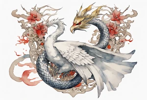 a watercolor of a white bird-serpent hybrid wearing an iron crown, flying tattoo idea