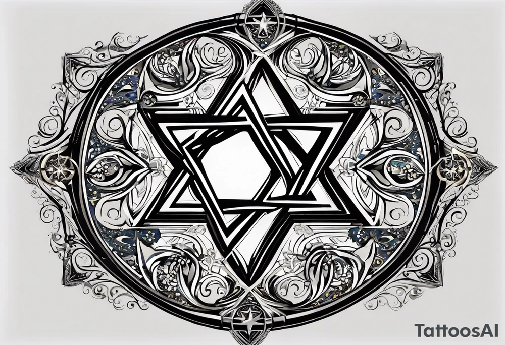 The main element should be a Star of David Inside the star, I want the Armenian Wheel of Eternity.

	•	The Wheel of Eternity should be placed in the center of the Star of David, with a circular, swirling design to symbolize infinity and continuous life cycles. It should be detailed but simple enough to blend seamlessly with the star.
	•	The overall look should be bold, clean, and geometric, with a modern and minimalist style. tattoo idea
