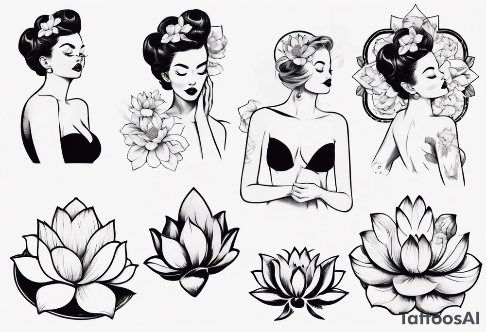 pin-up style queen with retro features bathing in lotus flowers and covering her eyes with her hands tattoo idea