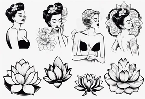 pin-up style queen with retro features bathing in lotus flowers and covering her eyes with her hands tattoo idea