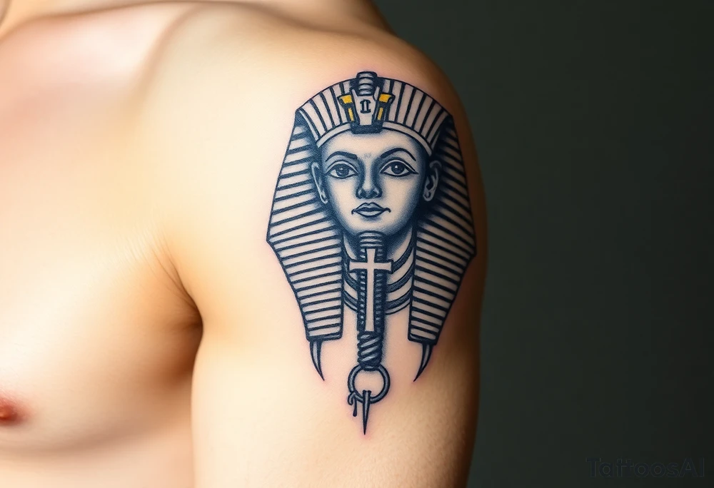 A Pharaoh’s Mask with a Hidden Christian Symbol – Like a subtle cross or Bible verse woven into the design. tattoo idea