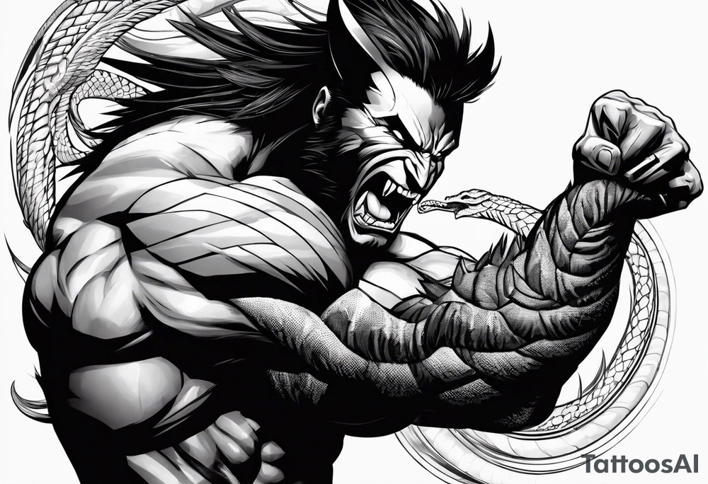 A wolverine animal fighting a snake with a vertical layout to go from shoulder to bicep tattoo idea