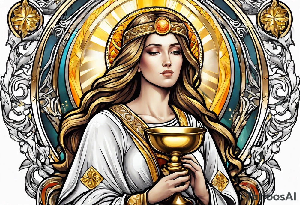 holy saint woman with golden halo holding a chalice tattoo idea