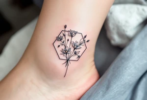 Faint Hexagon with Leo, larkspur and water lilies in the center tattoo idea